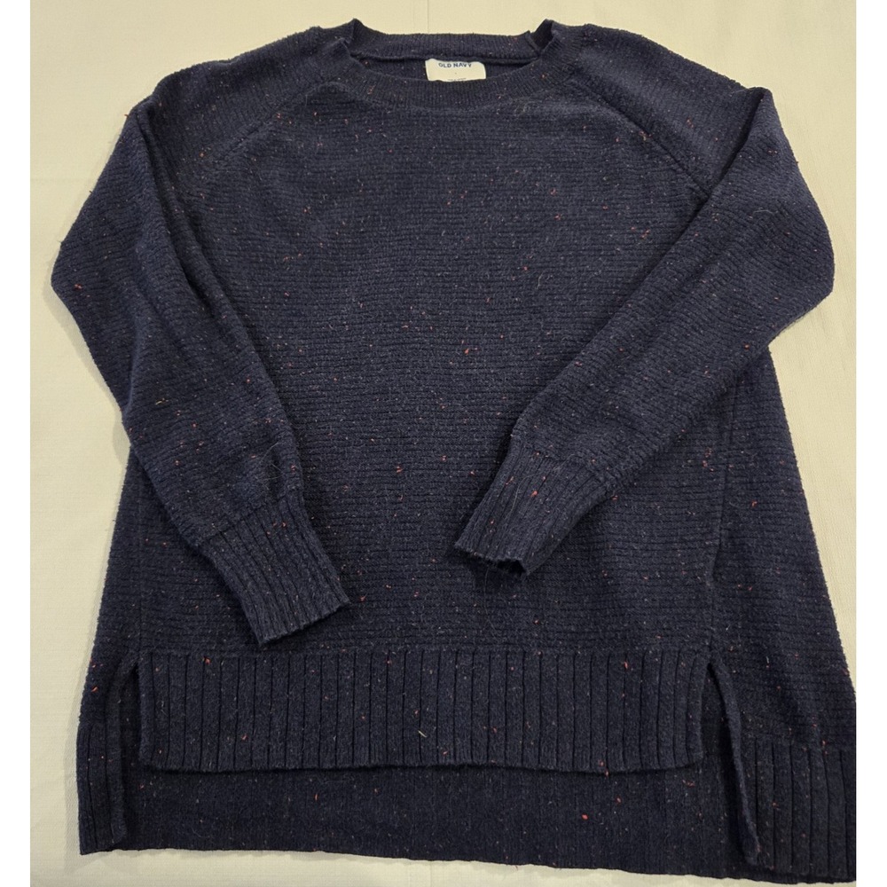 Old Navy Women's Chunky Knit Blue w/ Red Flecks Crew Neck Sweater Size Large